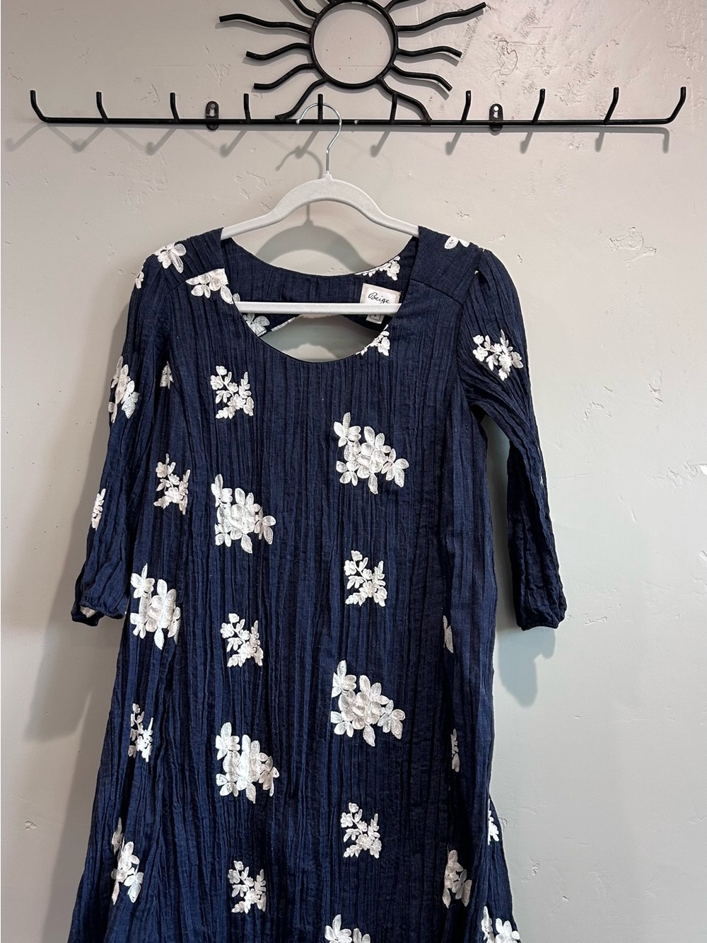 Beige by eci Navy Dress with White Floral Embroidery